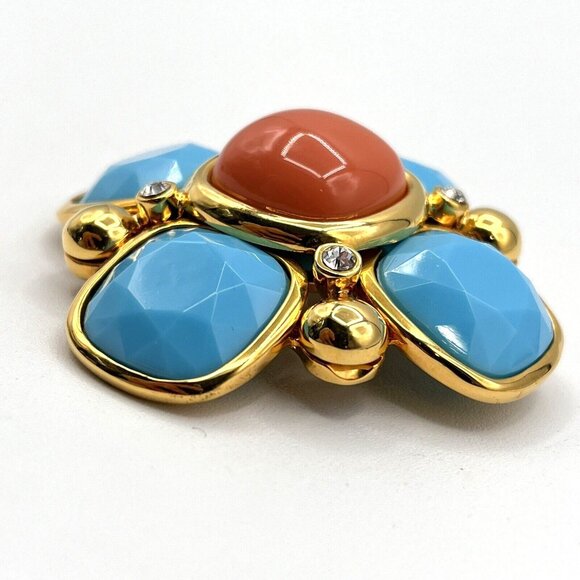 JOAN RIVERS Maltese Brooch Faux Turquoise & Coral Cabochon Brooch 2.25" - Picture 5 of 9